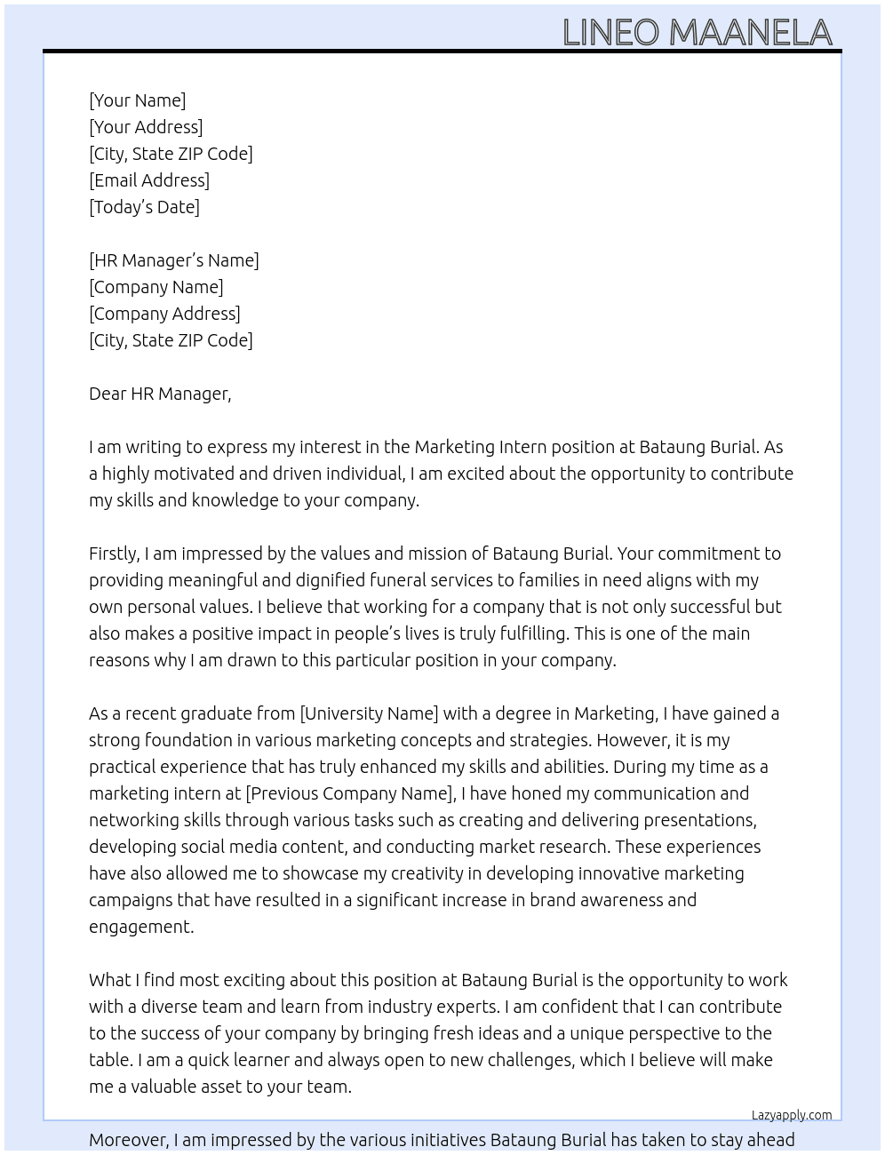 Marketing intern At Bataung burial Cover Letter