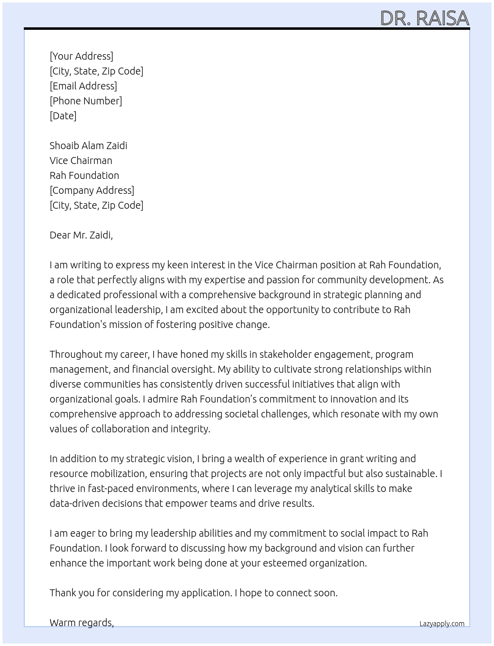 Vice chairman At Rah doundation Cover Letter