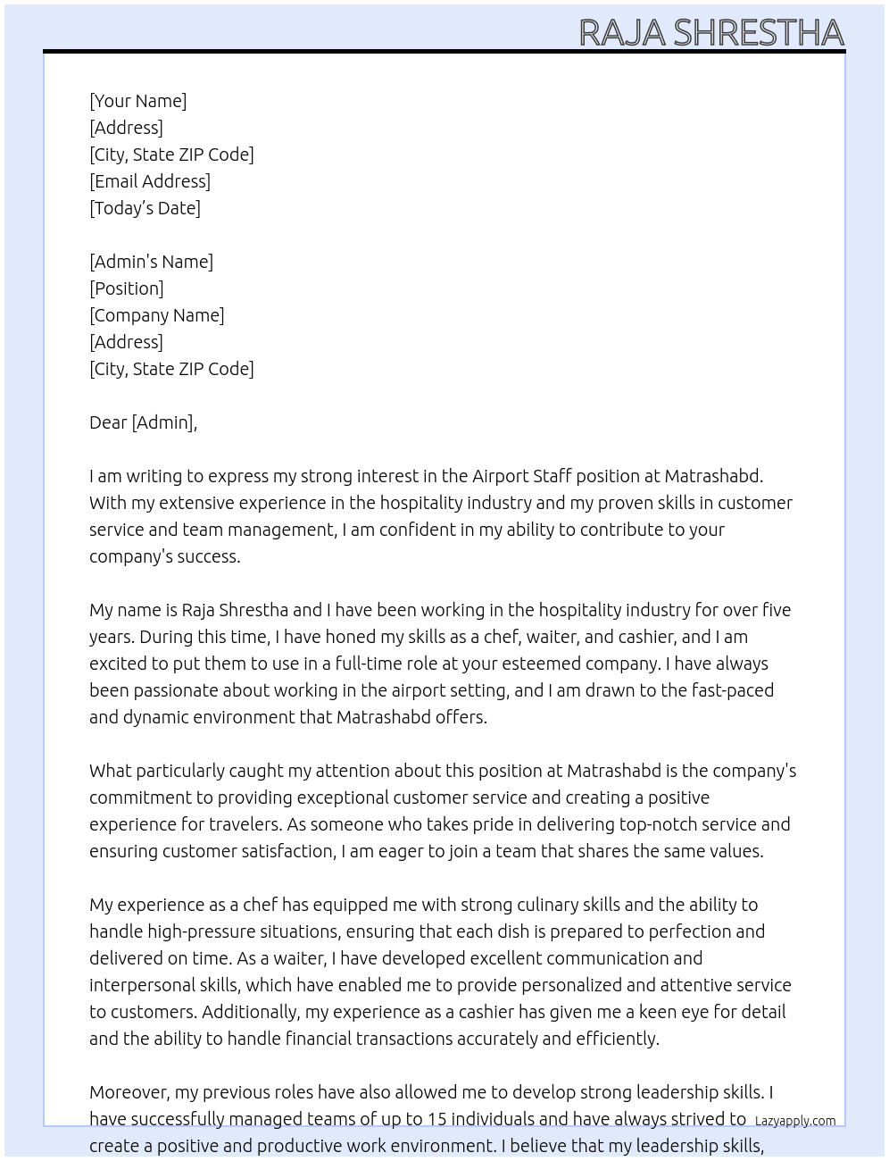 Airport Staff At Matrashabd  Cover Letter