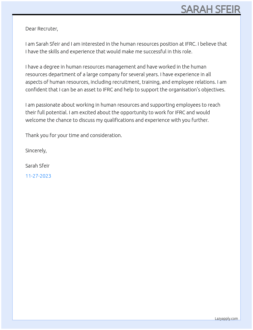 human resources  At IFRC Cover Letter
