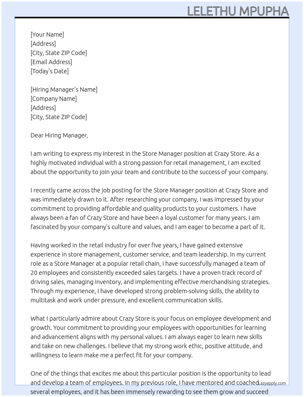 Store Manager  At Crazy store  Cover Letter
