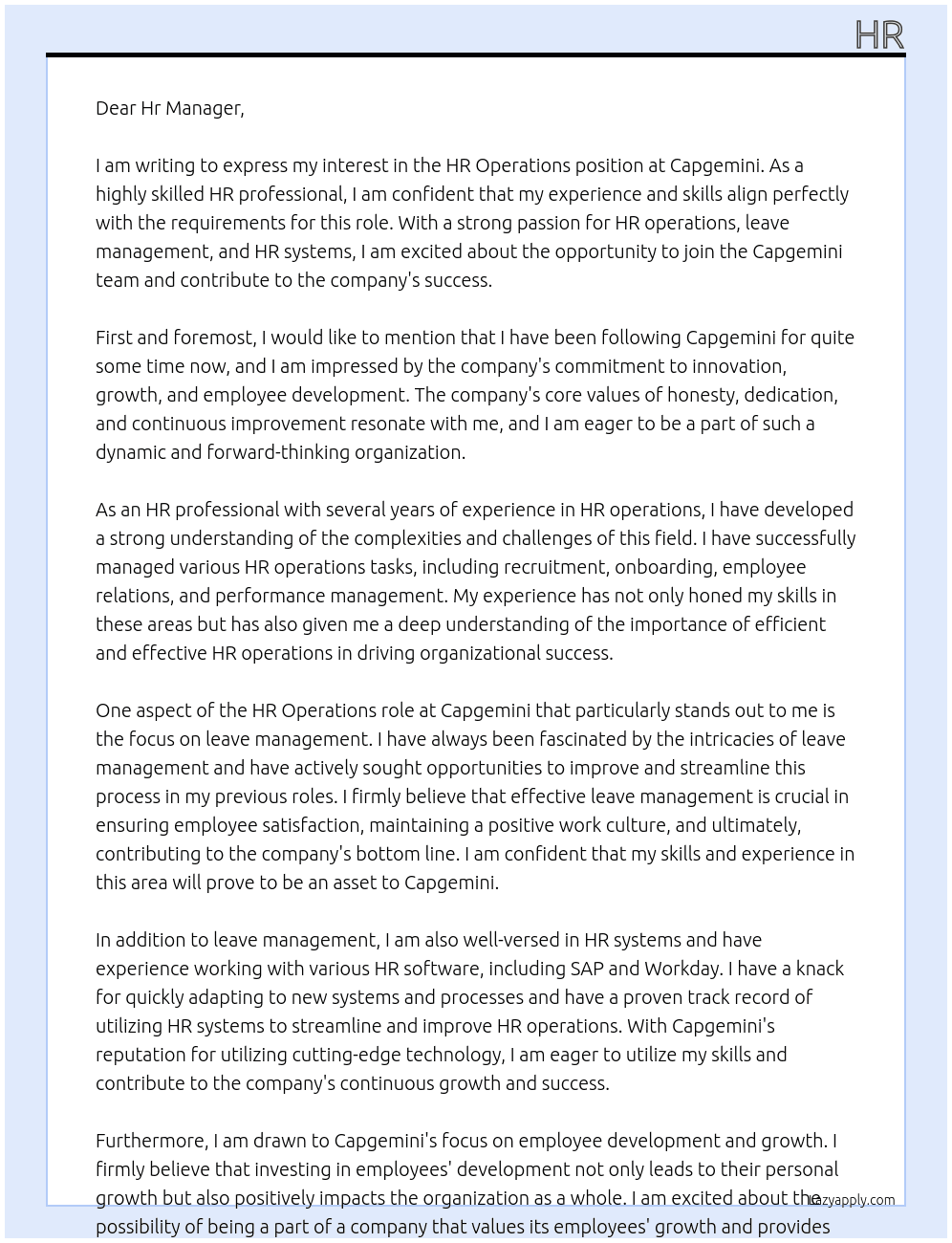 HR Operations At Capgimini Cover Letter