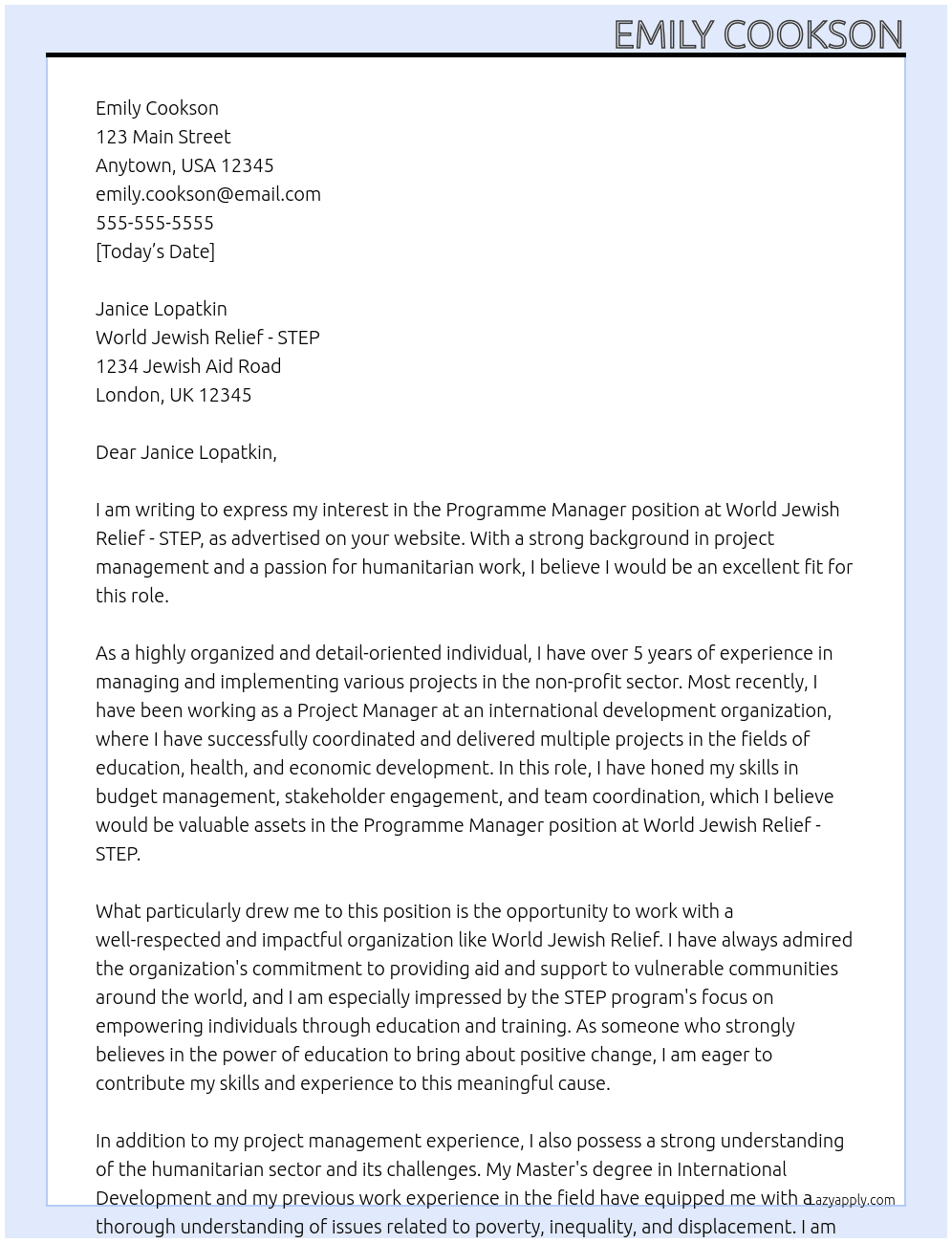 Programme Manager At World Jewish Relief - STEP Cover Letter
