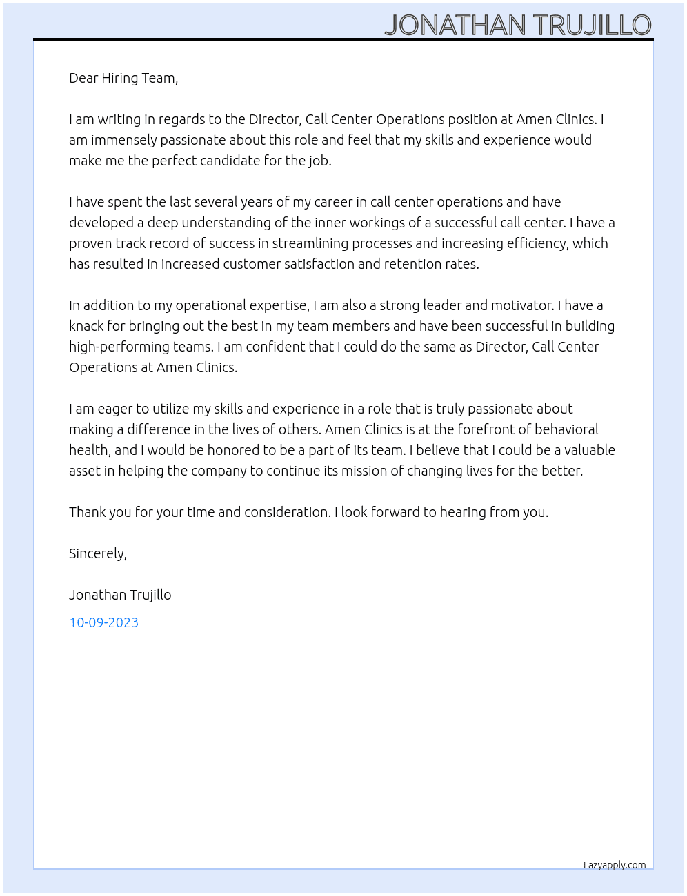 Director, Call Center Operations At Amen Clinics Cover Letter