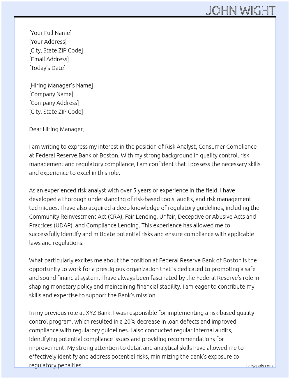Risk Analyst, Consumer Compliance At Federal Reserve Bank of Boston Cover Letter