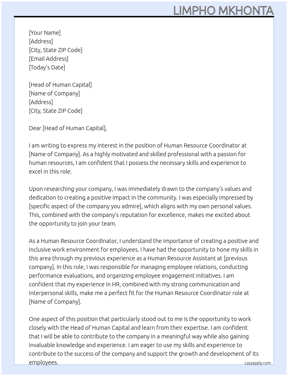 Human Resource Coordinator At URC Cover Letter