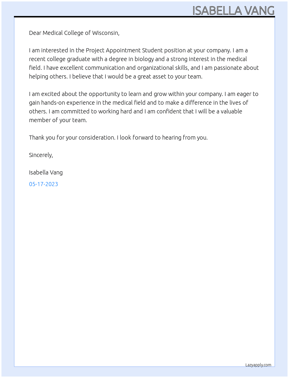 Project Appointment Student At Medical College of Wisconsin Cover Letter