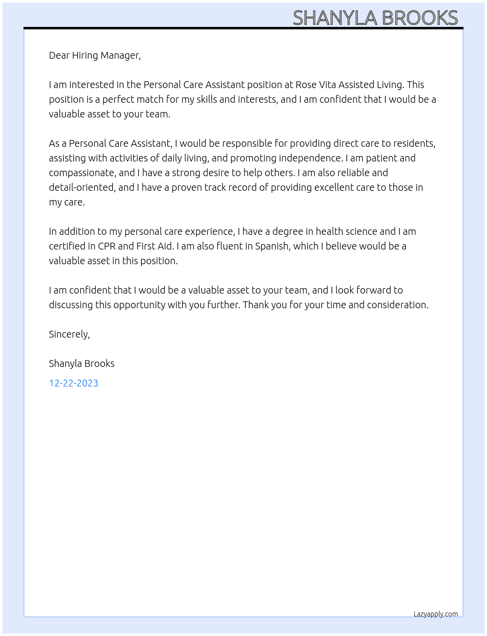 Personal Care Assistant  At Rose Vita Assisted Living  Cover Letter