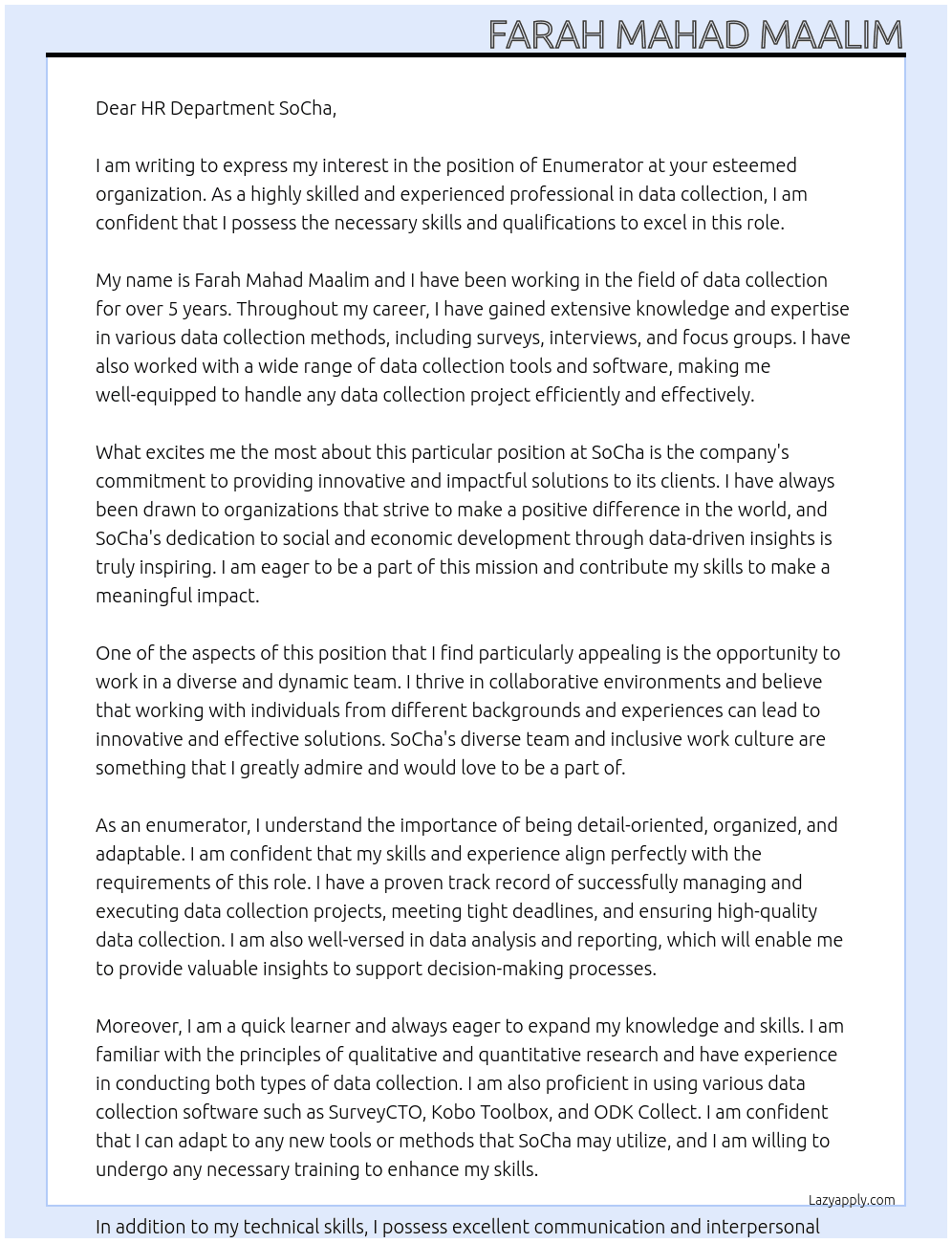 enumerator At SoCha Cover Letter