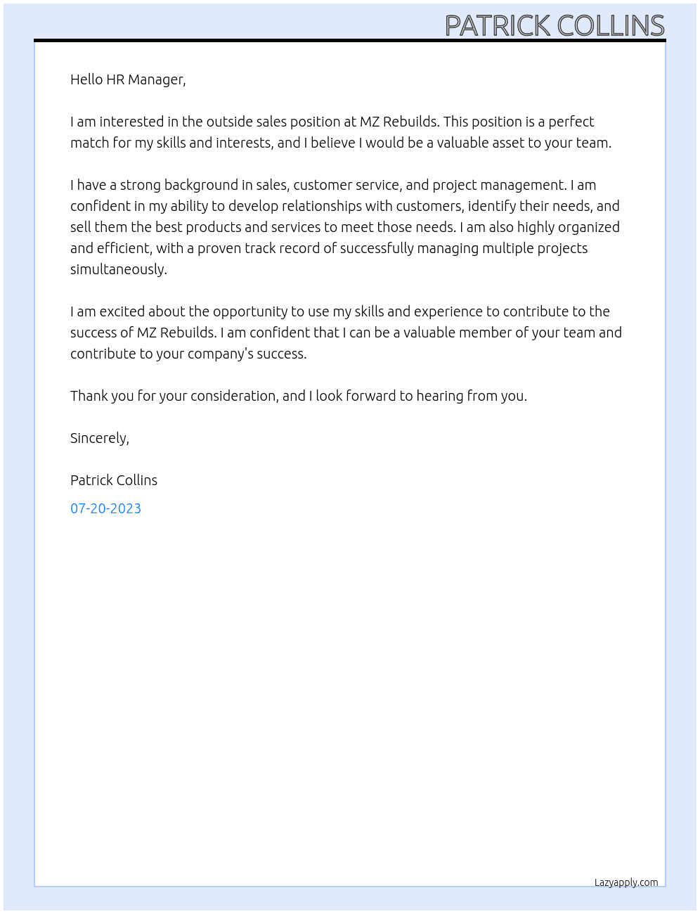 Outside Sales At MZ Rebuilds Cover Letter