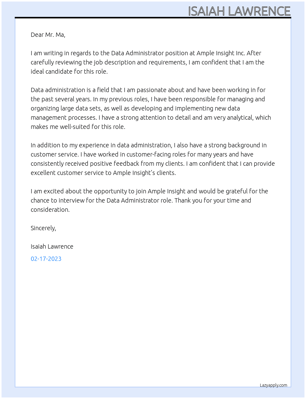 Data Administrator At Ample Insight Inc Cover Letter