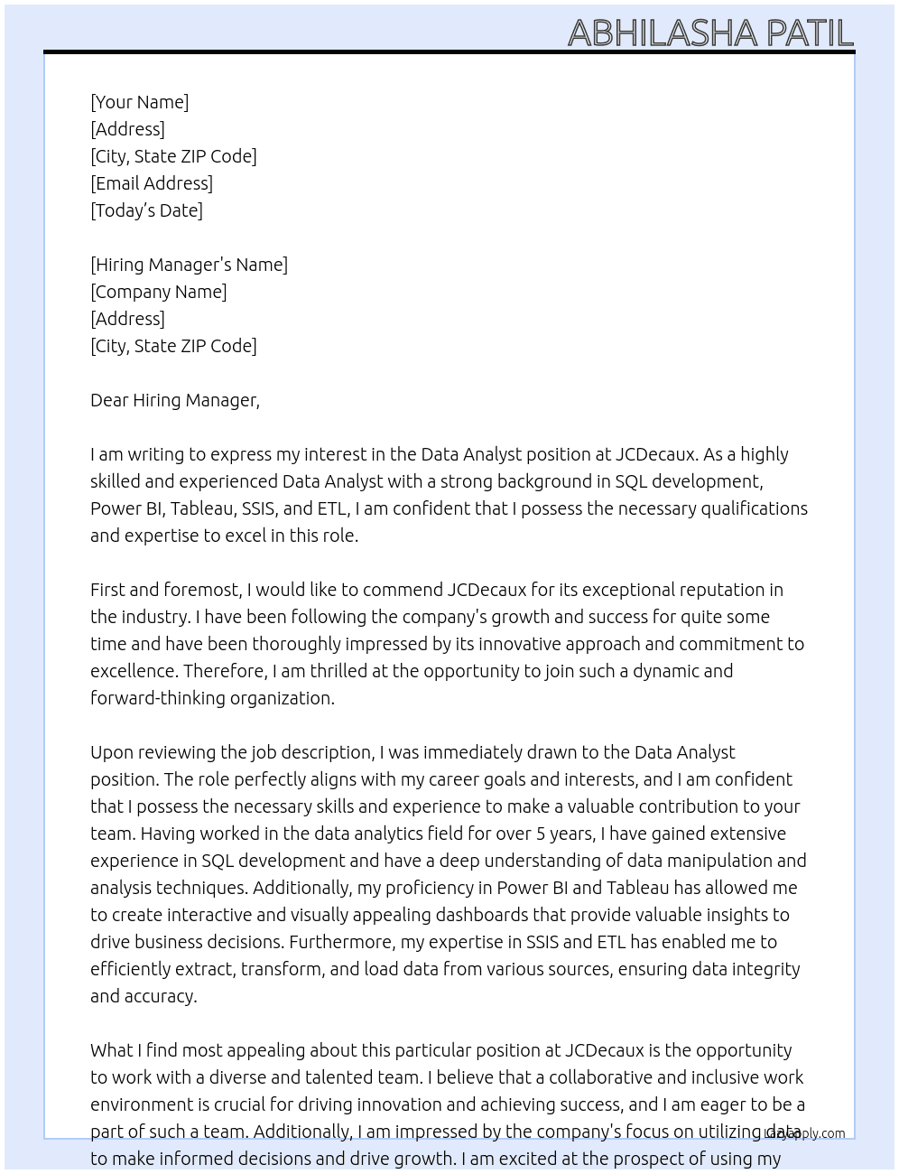 Data Analyst  At JCDecaux Cover Letter