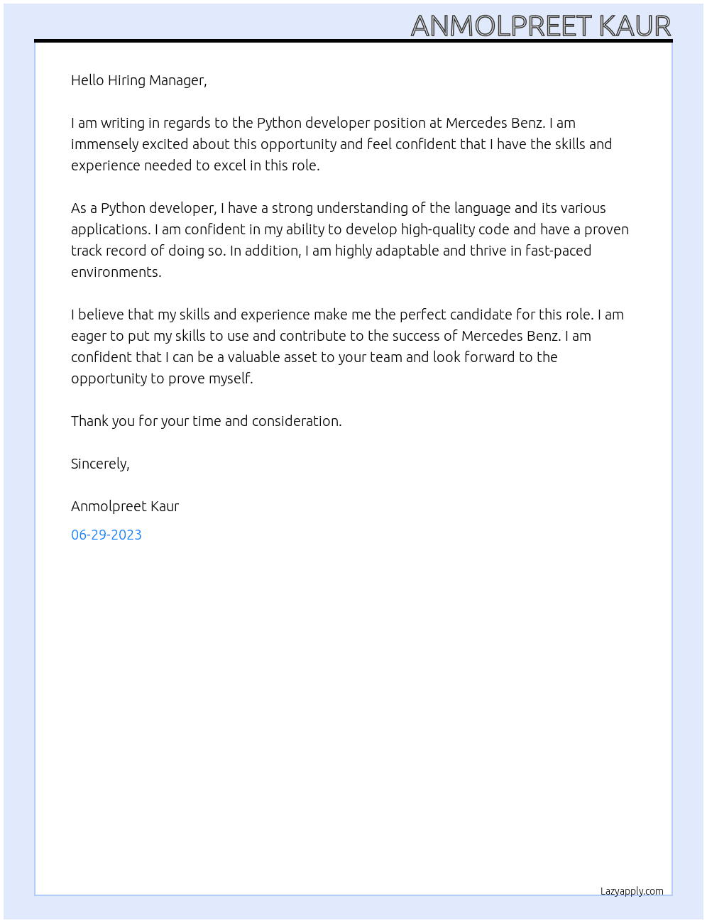Python developer At Merecdes Benz Cover Letter