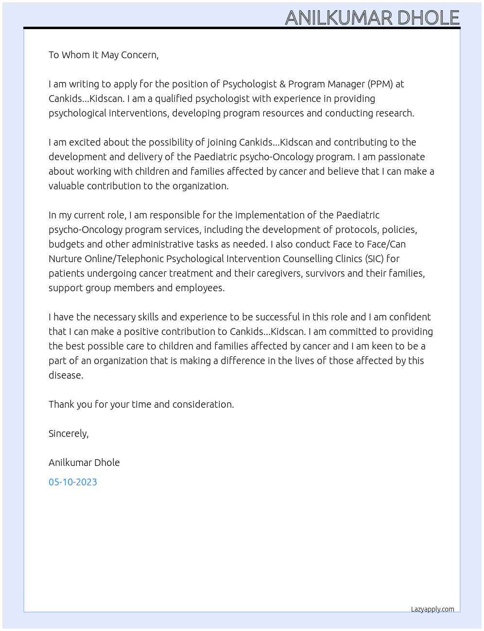 Psychologist & Program Manager (PPM) At Cankids...Kidscan Cover Letter