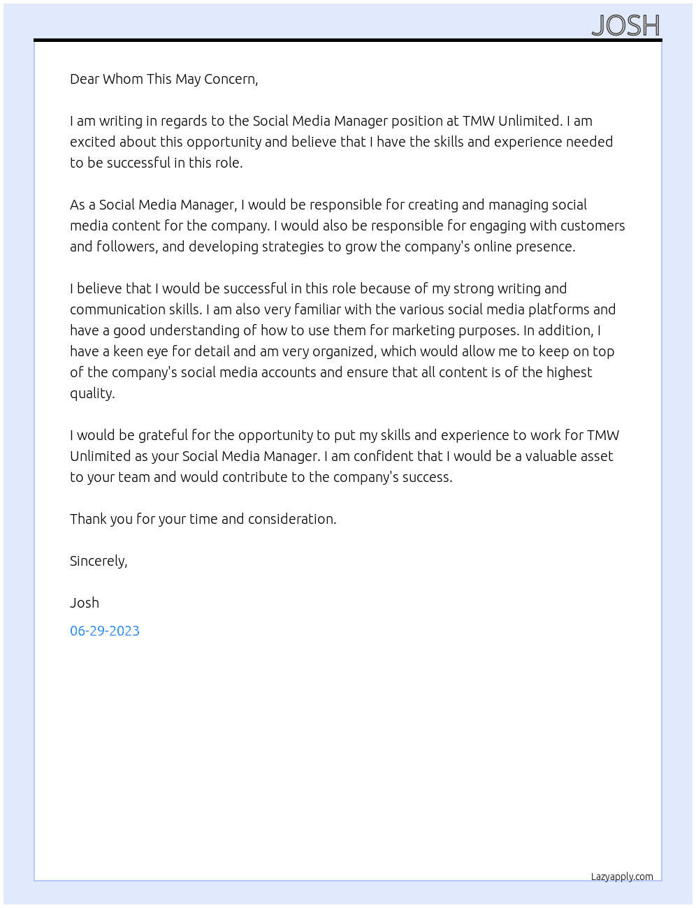 Social Media Manager At TMW Unlimited Cover Letter