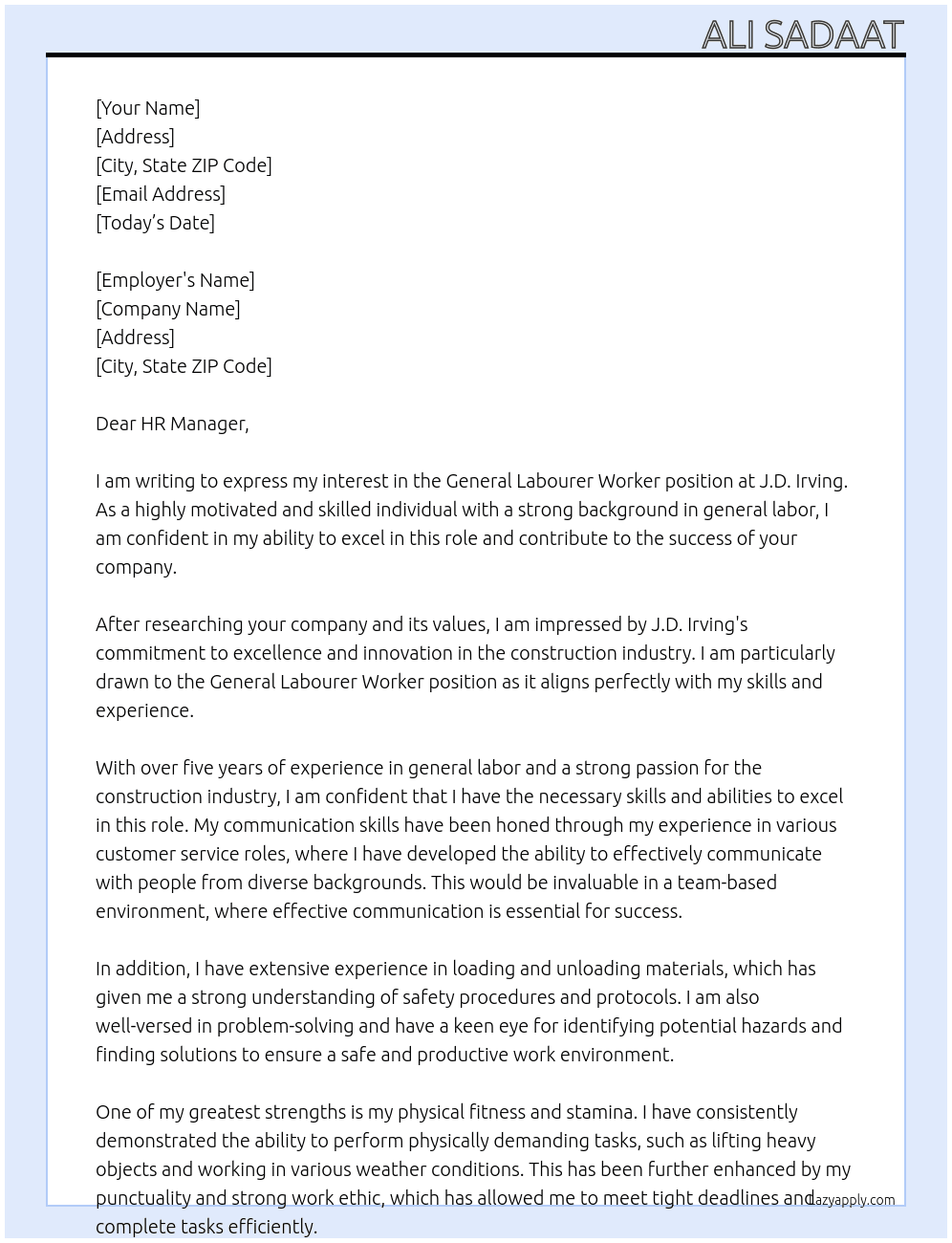 General Labourer Worker At J.D. Irving Cover Letter