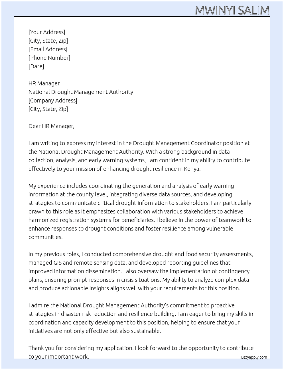 drought management coordinator At national drought management authority Cover Letter