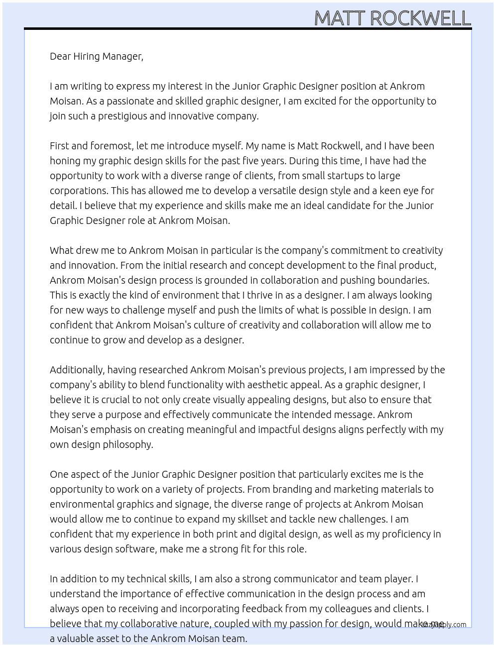 Junior Graphic Designer At Ankrom Moisan Cover Letter