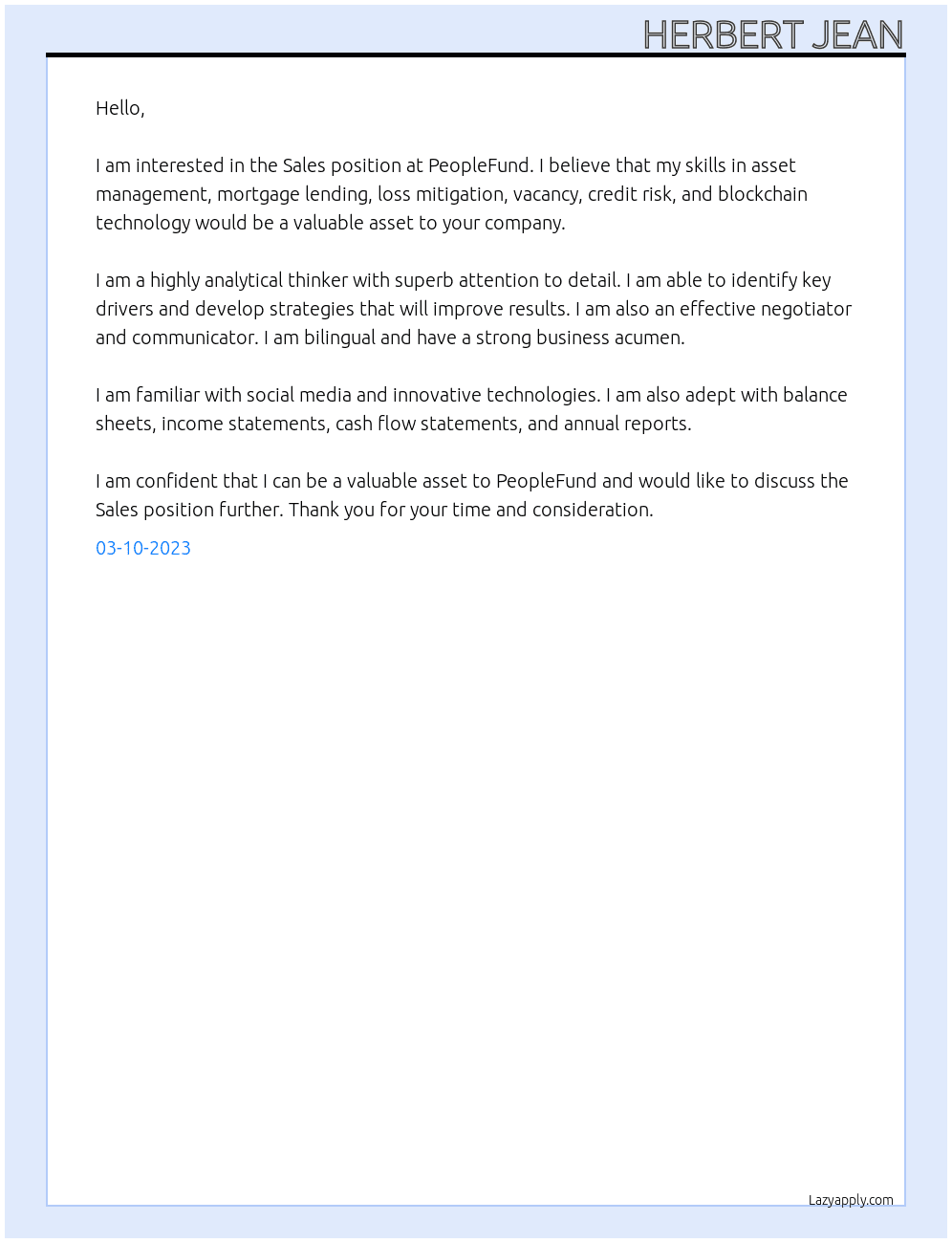 Sales At PeopleFund Cover Letter