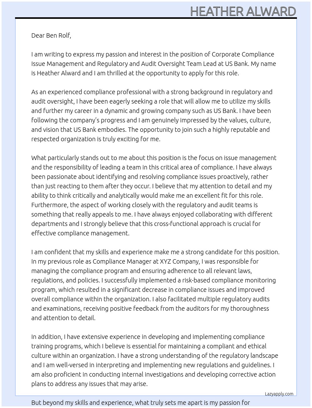 Corporate Compliance Issue Management and Regulatory and Audit Oversight Team Lead At US Bank Cover Letter