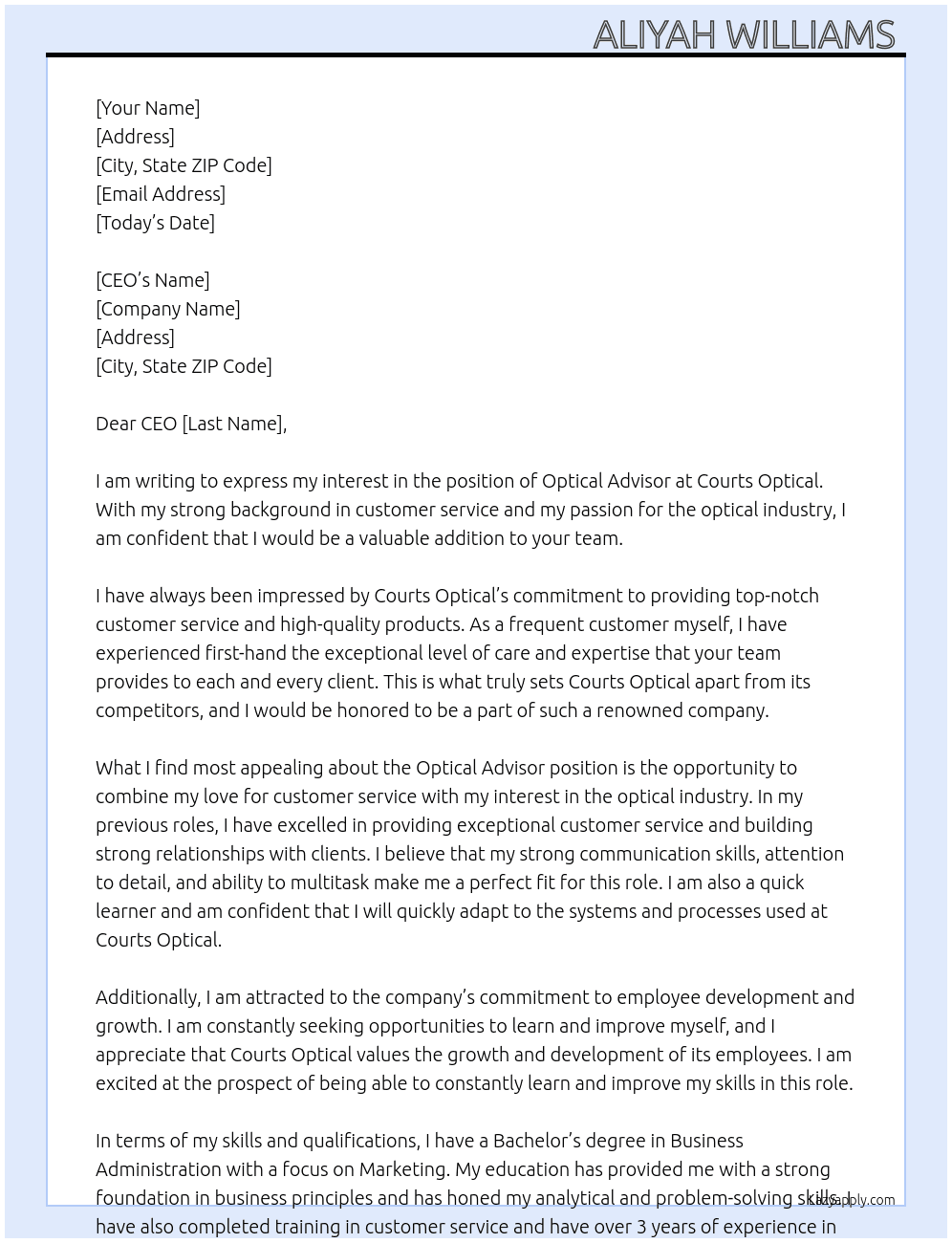 Optical Advisor At Courts Optical Cover Letter