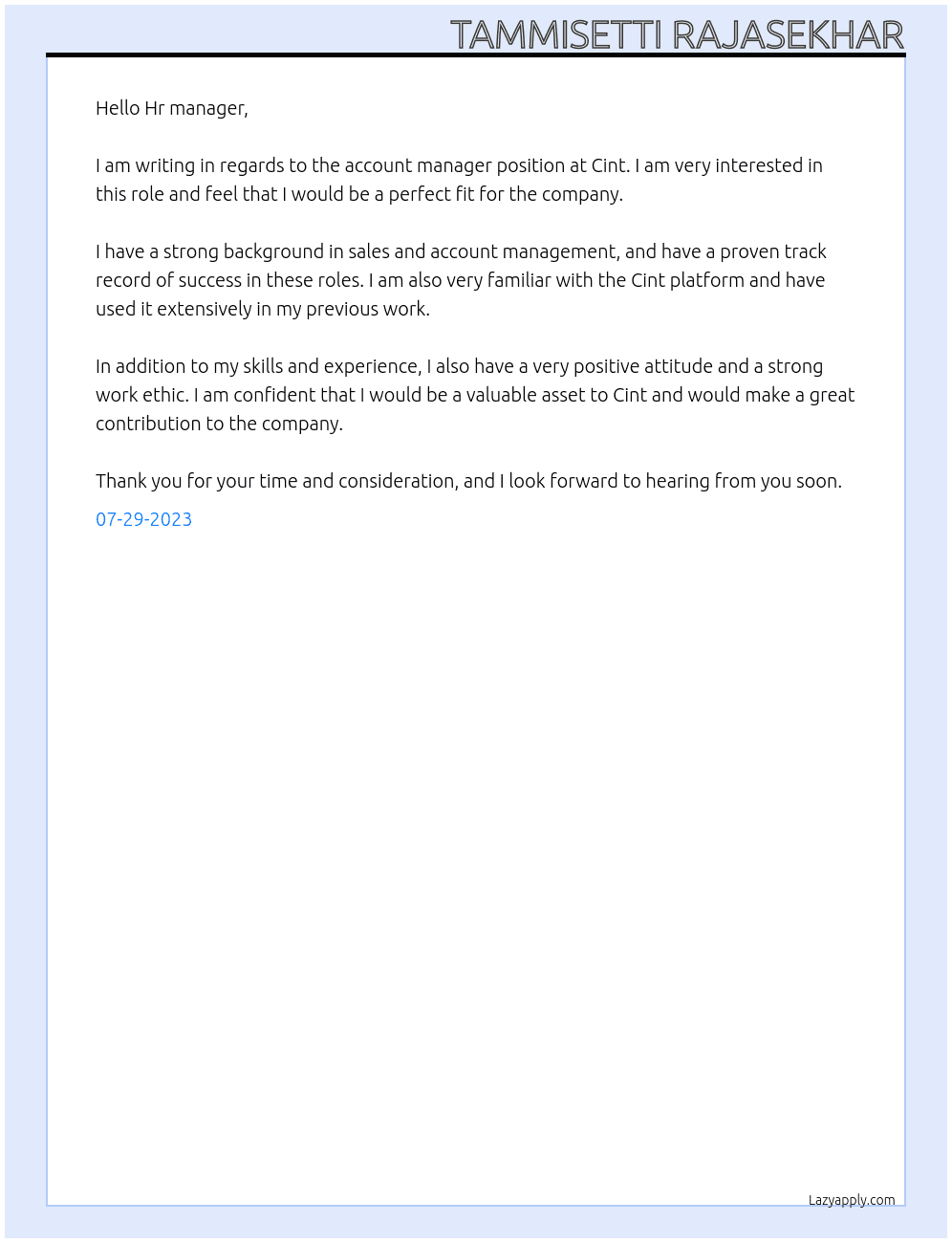Account Manager  At Cint Cover Letter