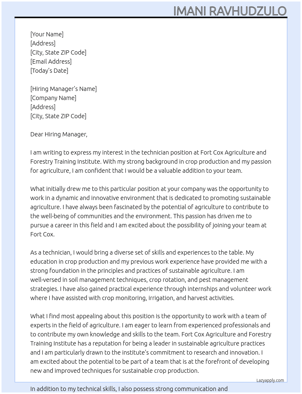 technician At Fort Cox Agriculture and Forestry Training Institute  Cover Letter