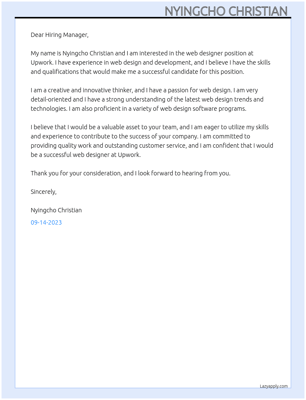 Web designer At Upwork  Cover Letter