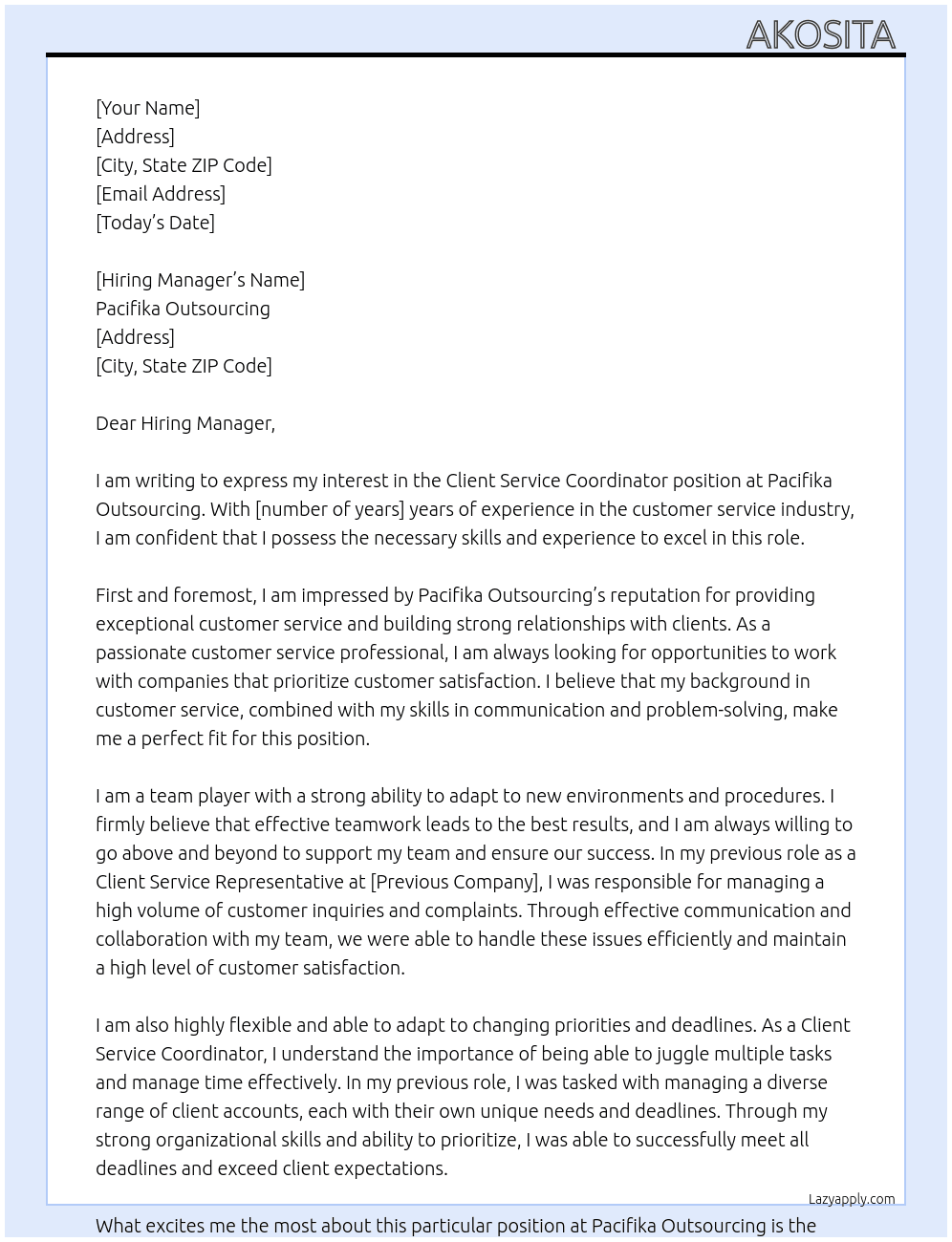 Client Service Coordinator At Pacifika Outsourcing  Cover Letter