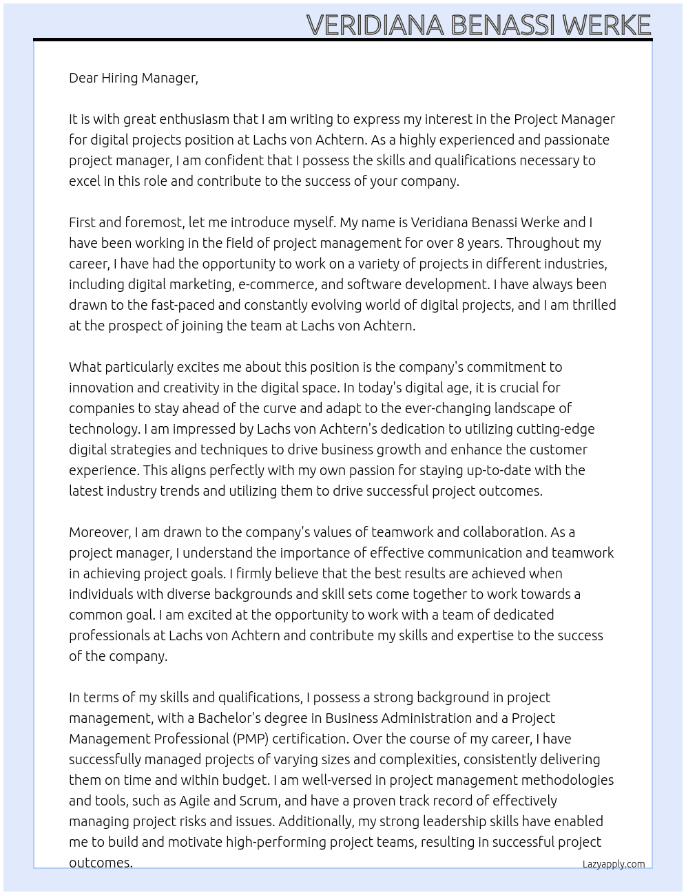 Project Manager for digital projects At Lachs von Achtern Cover Letter
