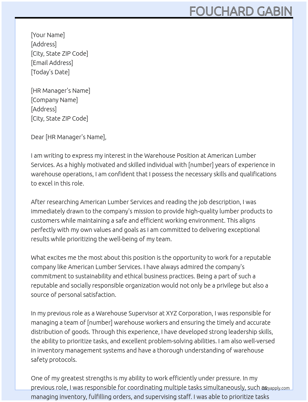 Warehouse Position At American Lumber Services Cover Letter