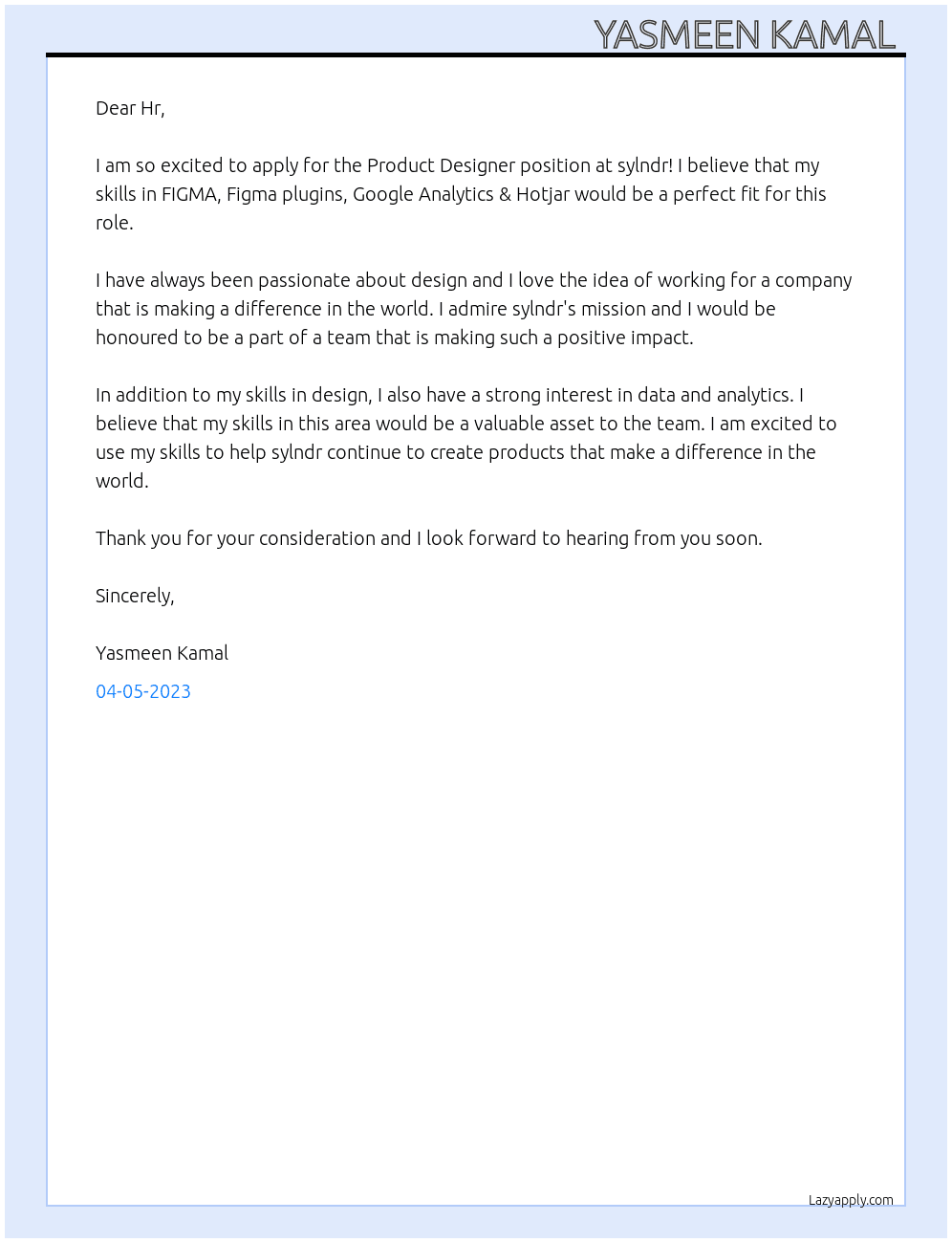 Product Designer At sylndr Cover Letter