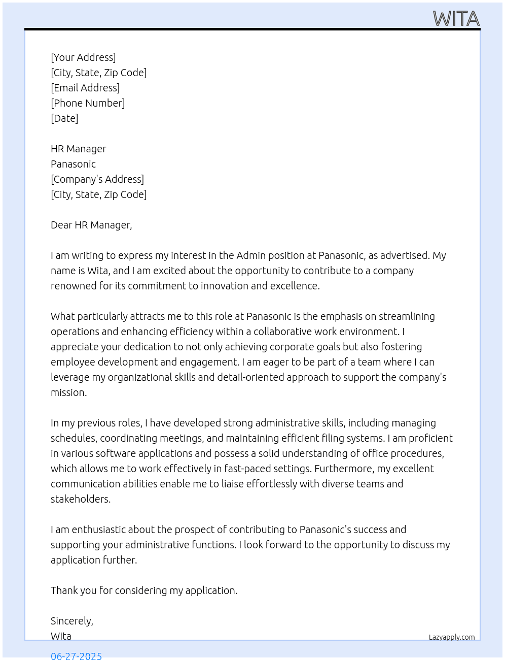 admin At panasonic Cover Letter