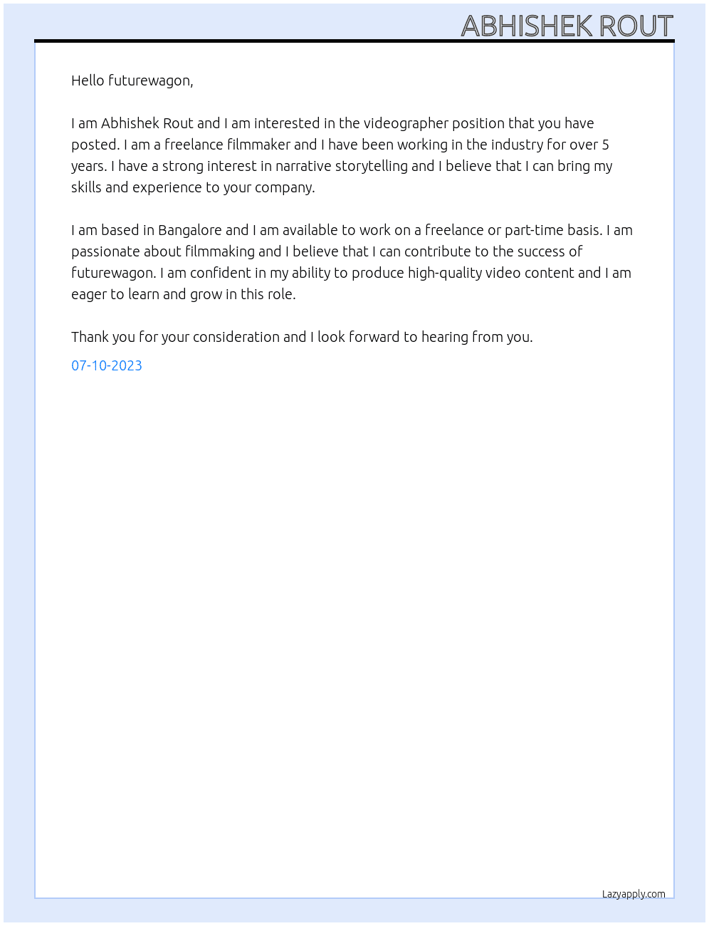 videographer At futurewagon Cover Letter