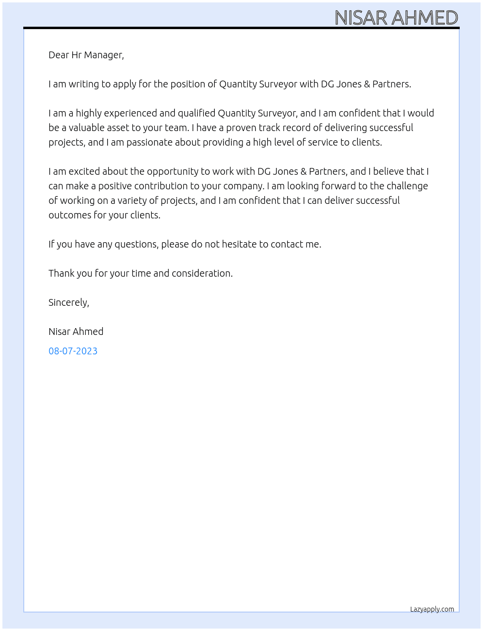 Quantity Surveyor At DG Jones & Partners Cover Letter