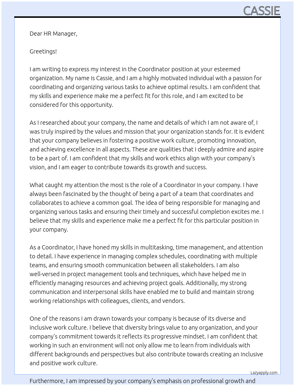 Coordinator  At Unknown  Cover Letter