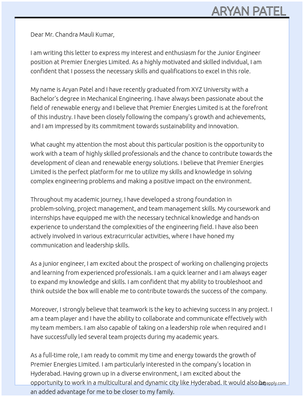 Junior engineer At Premier Energies Limited Cover Letter
