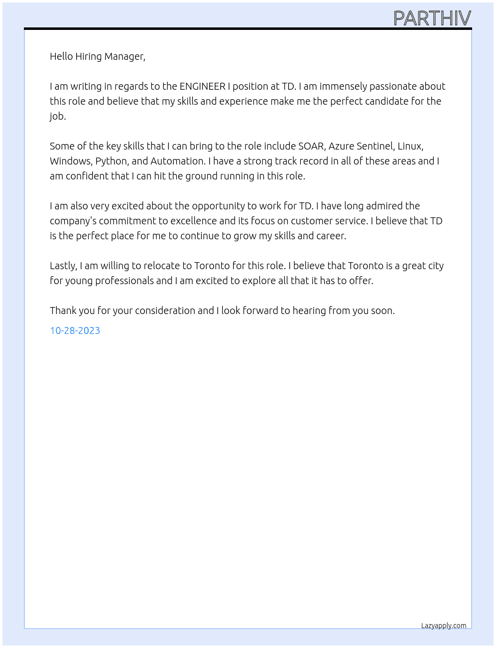 ENGINEER I At TD Cover Letter