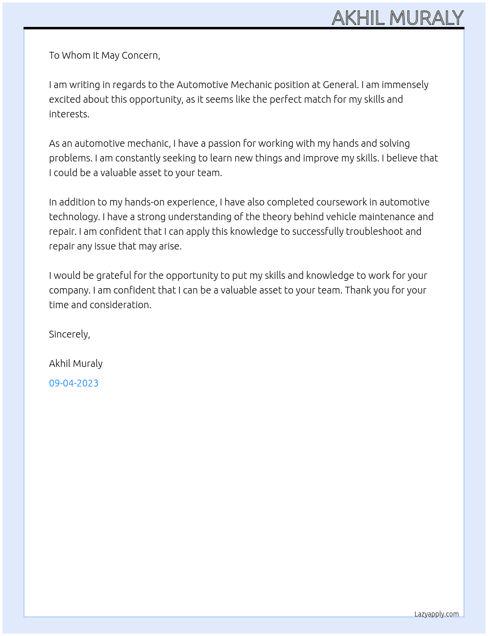 Automotive mechanic At General Cover Letter