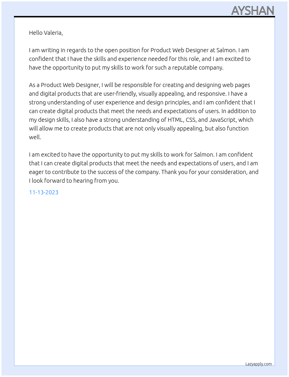 Product Web Designer  At Salmon Cover Letter