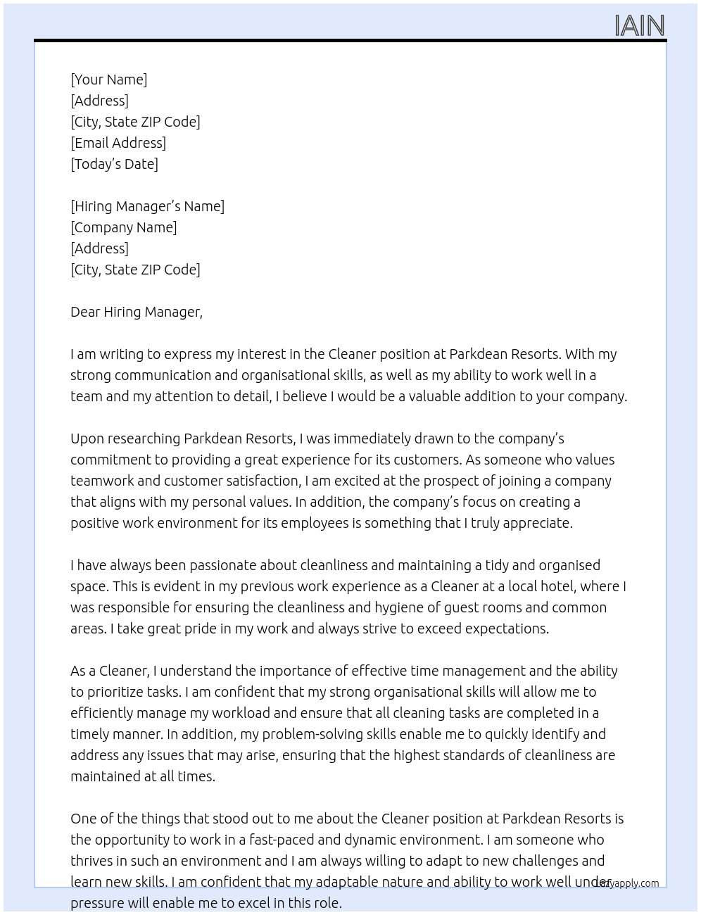 Cleaner At Parkdean Resorts  Cover Letter