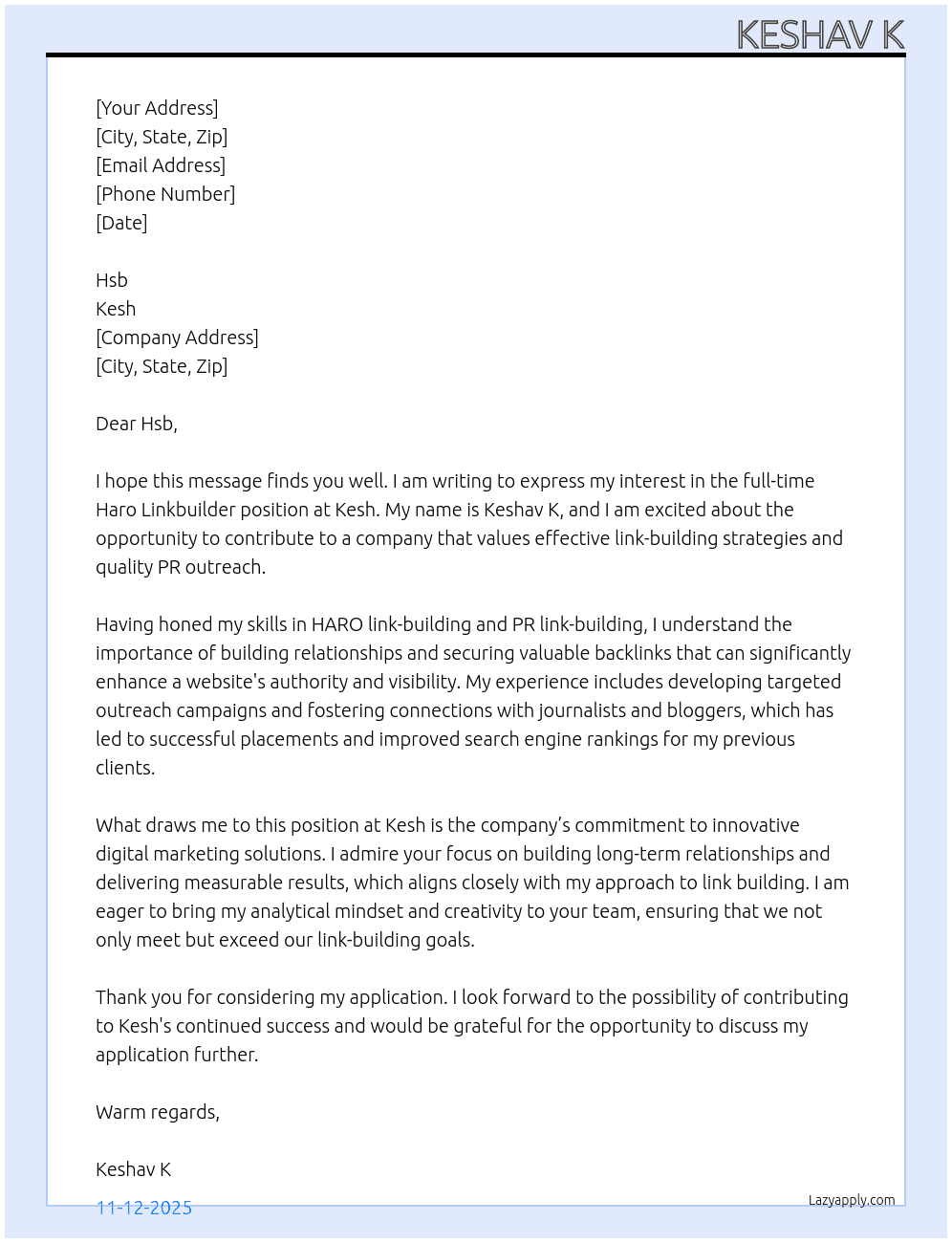 Haro Linkbuider At Kesh Cover Letter