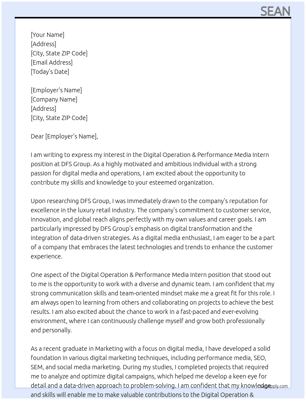 Digital Operation & Performance Media Intern At DFS Group Cover Letter