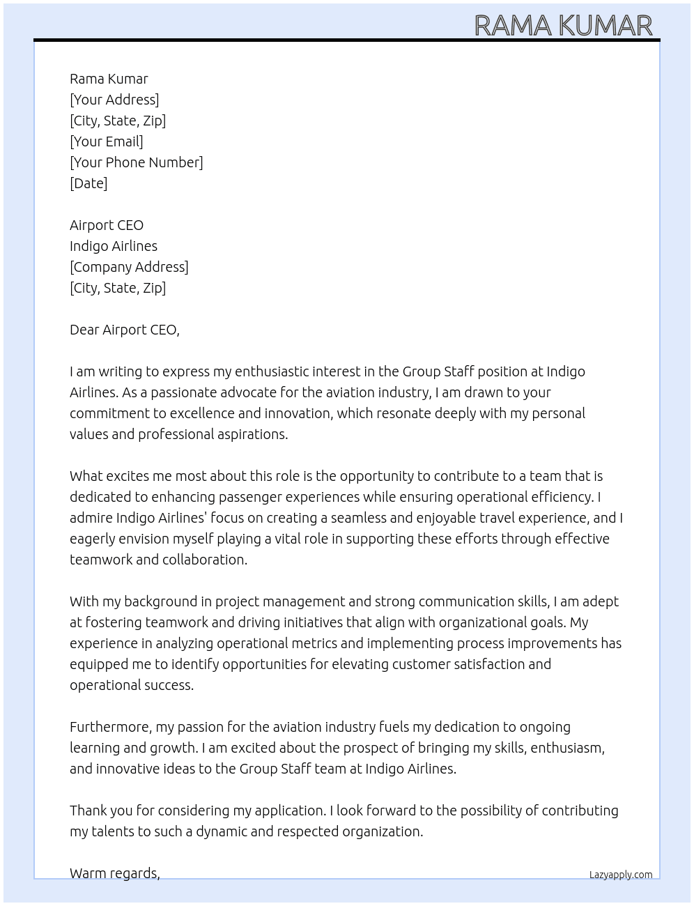 Group staff At Indigo Airlines  Cover Letter