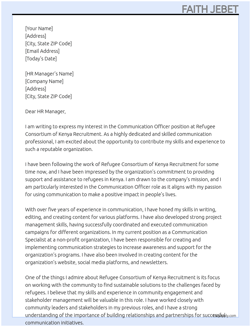 Communication officer At Refugee Consturium of kenya recruitment Cover Letter