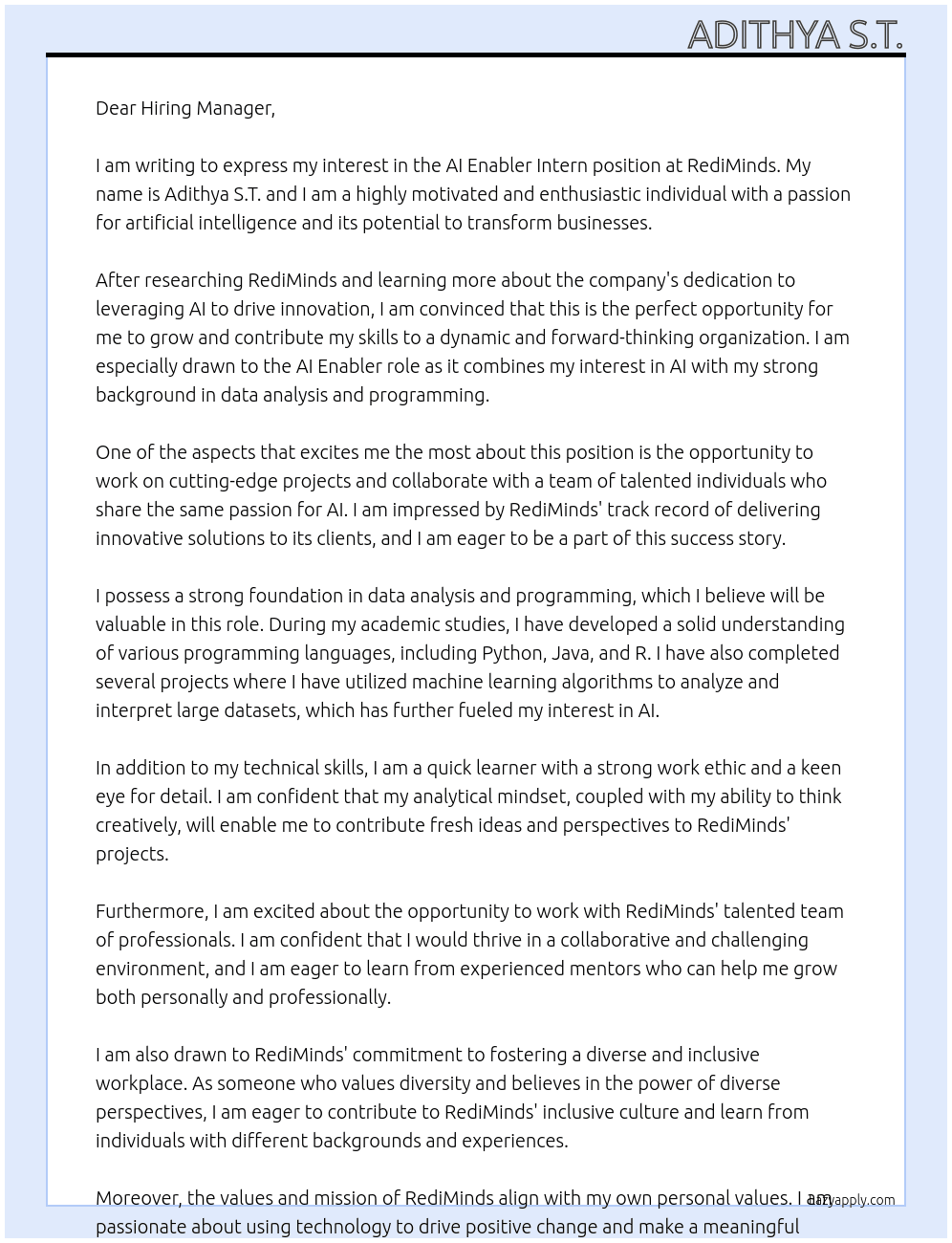 AI Enabler Intern At RediMinds Cover Letter