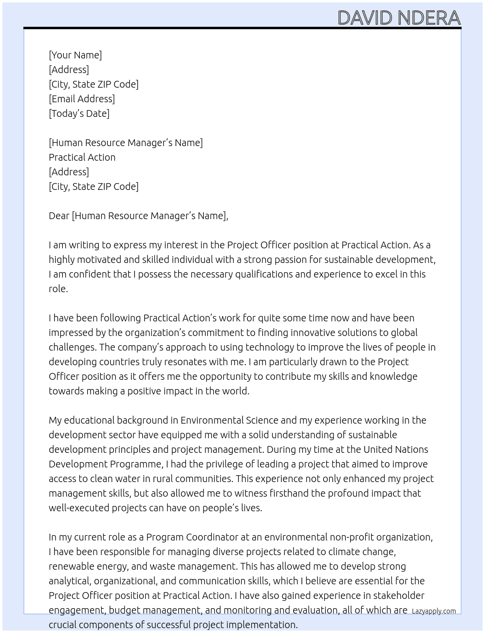 project officer At practical action Cover Letter