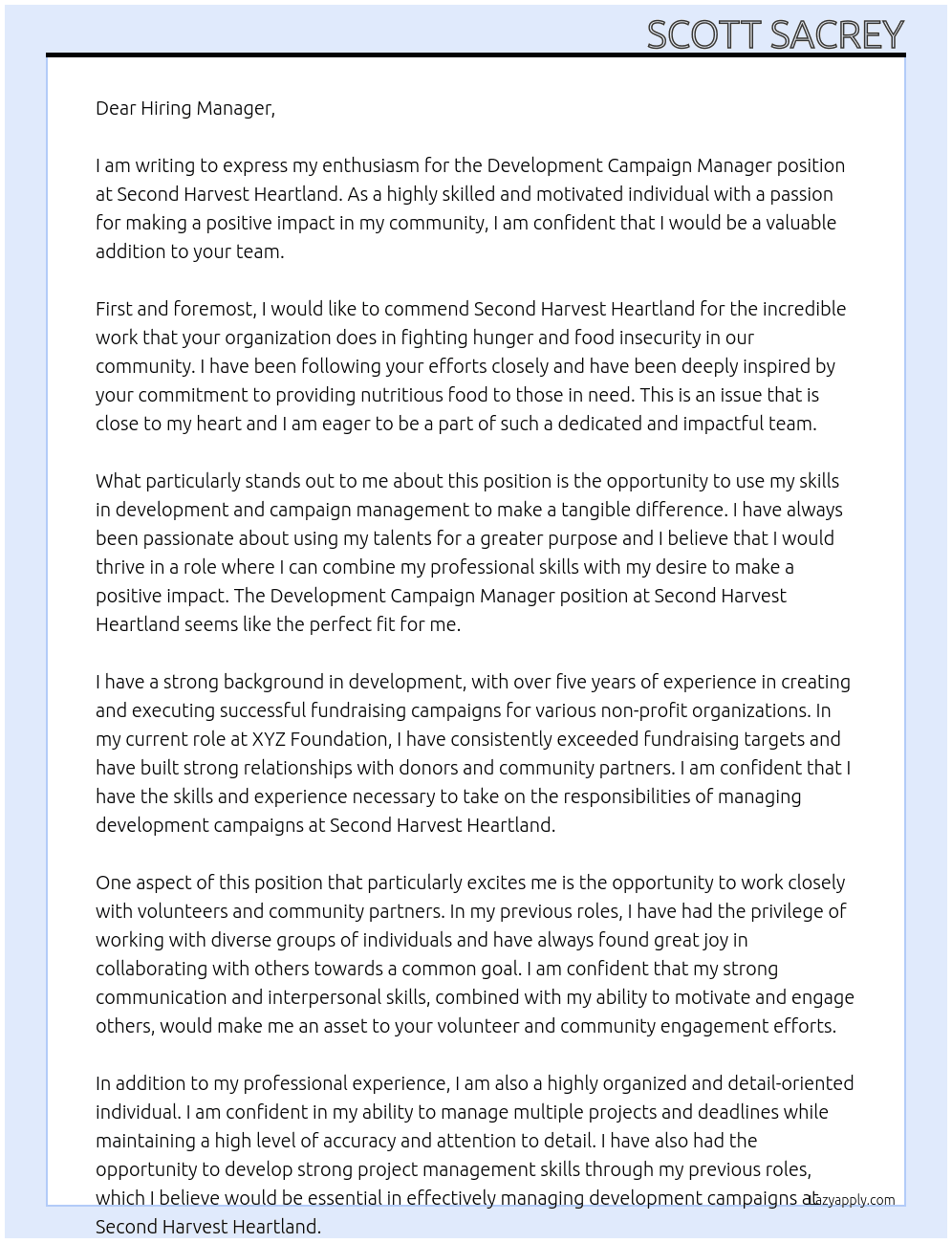 Development Campaign Manager At Second Harvest Heartland  Cover Letter