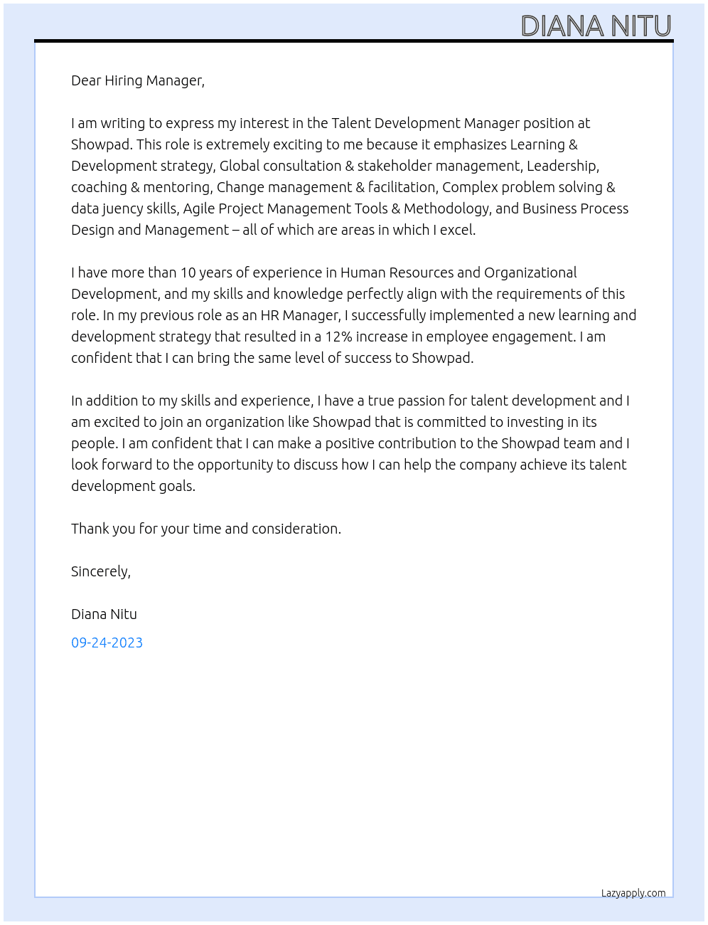 Talent Development Manager At Showpad Cover Letter