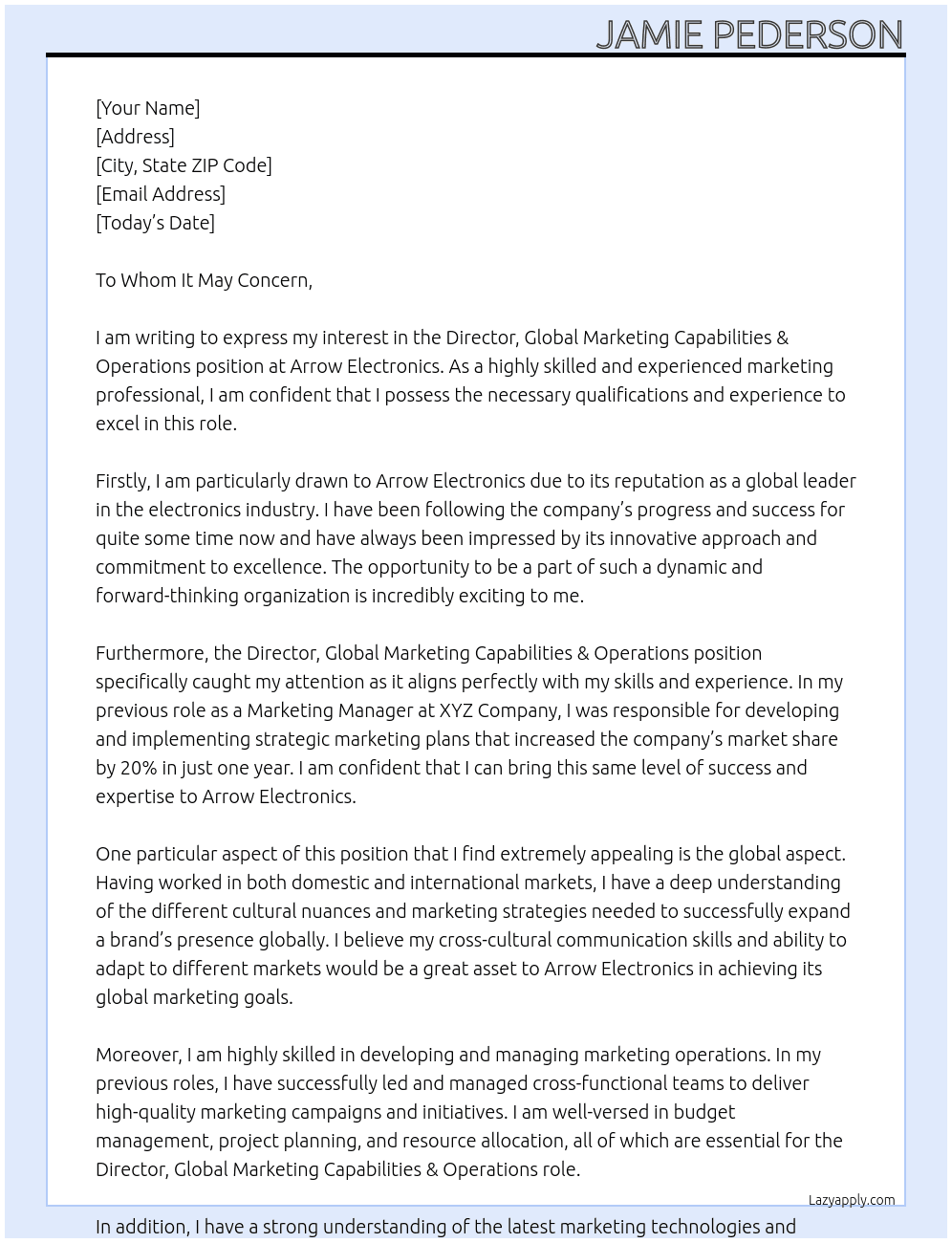 Director, Global Marketing Capabilities & Operations At Arrow Electronics Cover Letter